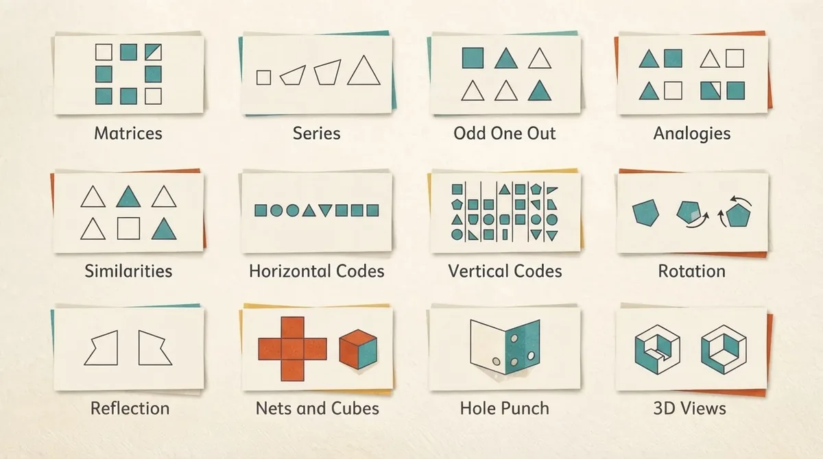 Grid of twelve non verbal reasoning worksheet thumbnails labelled by question type, from matrices and series to hole punch and 3D views