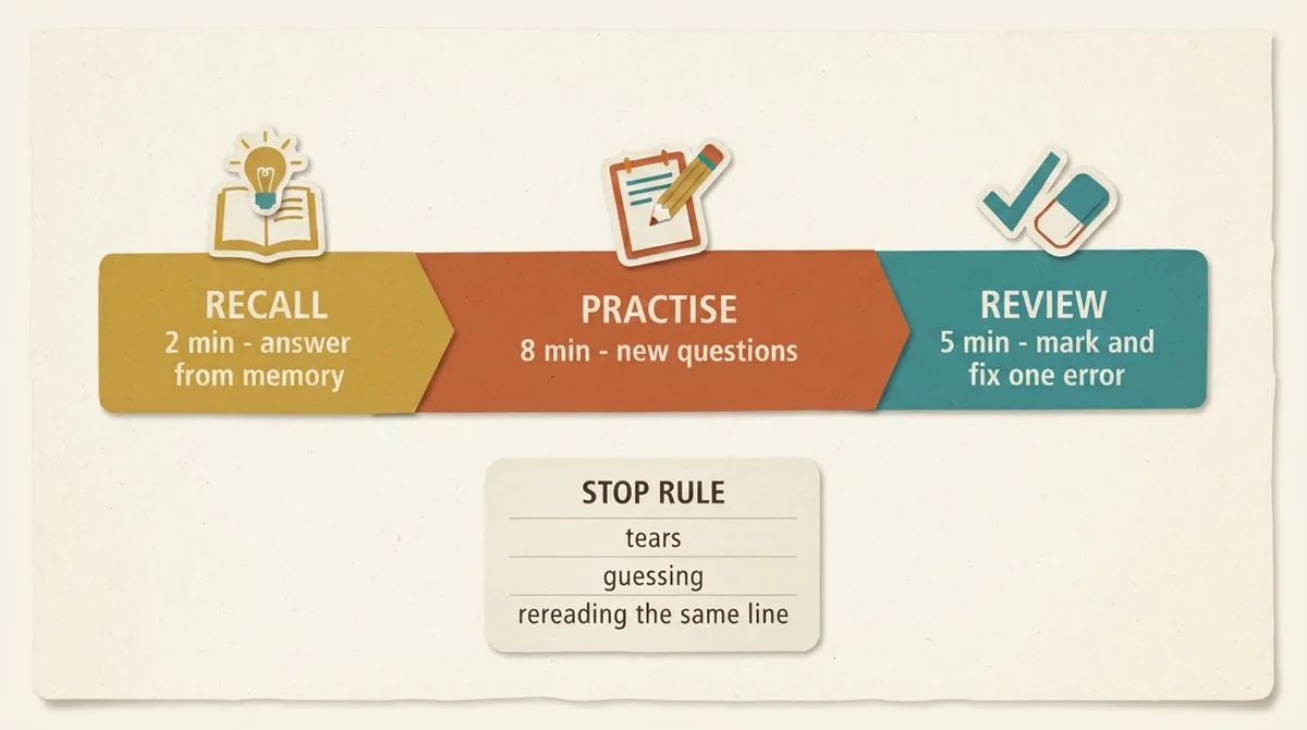 Diagram of a short 11 plus session split into recall, practice and review segments, with a stop-rule panel listing tears, guessing and rereading the same line