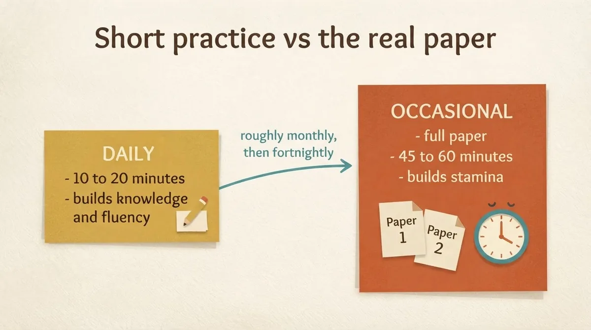 Comparison panel showing daily ten to twenty minute practice for fluency alongside occasional full papers of forty-five to sixty minutes for stamina