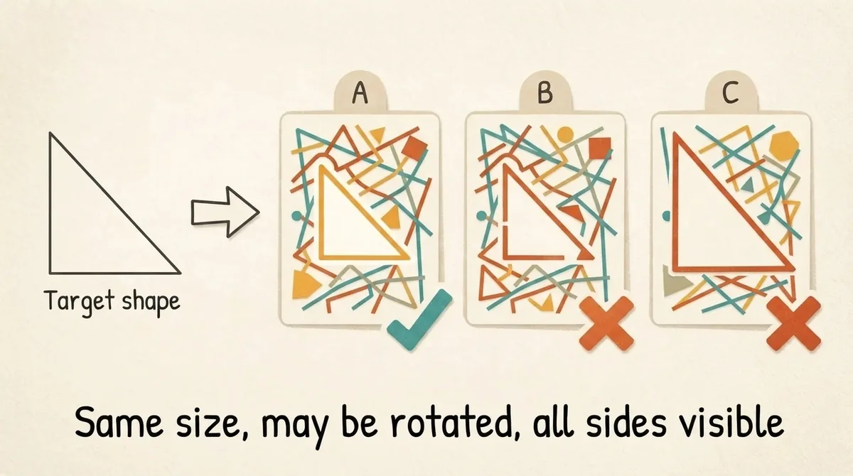 Diagram of the hidden shapes rule showing a target triangle, a correct rotated match with all sides drawn, and two incorrect options