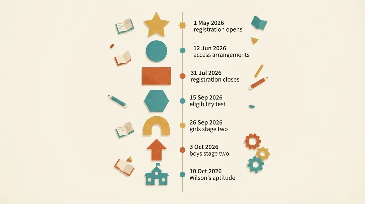 Vertical timeline of the 2027-entry Sutton SET process from registration opening in May 2026 to Wilson's aptitude tests in October 2026