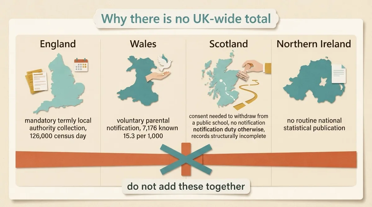 Four-panel comparison of home education data collection in England, Wales, Scotland and Northern Ireland