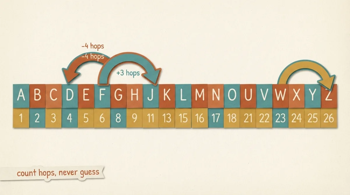 Diagram of an indexed alphabet strip with curved arrows showing three hops forward from D to G and four hops back from C wrapping round to Y
