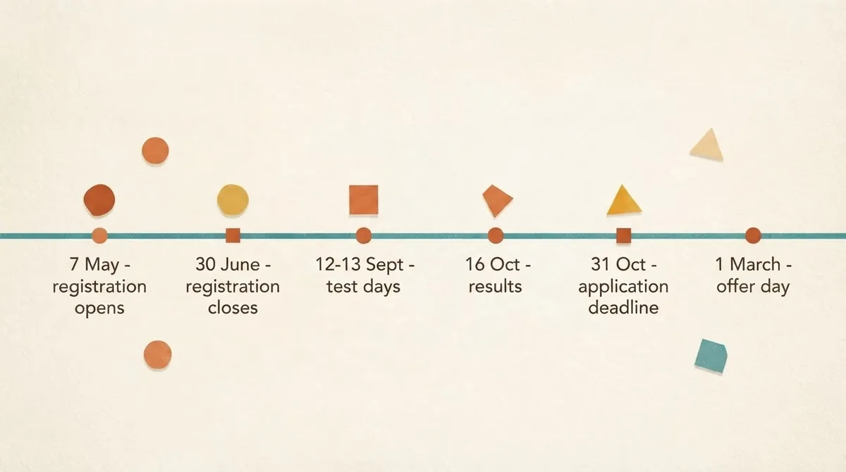 Timeline of the Warwickshire 11 plus year showing registration, test days, results, application deadline and offer day