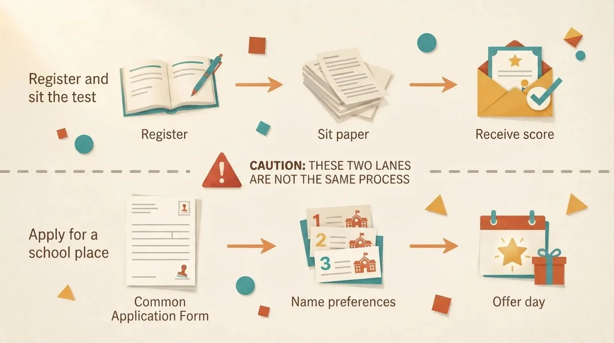Two separate process lanes showing registering and sitting the test on one track and applying for a school place on the other