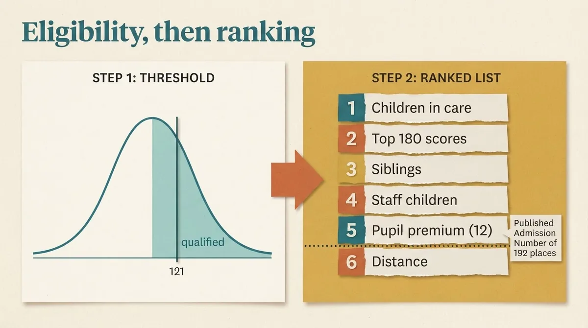 Two-step diagram showing a score threshold on a bell curve feeding into a numbered ranked list of oversubscription criteria
