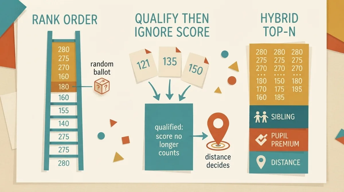 Three-column comparison of rank-order, qualify-then-ignore-score and hybrid top-N allocation models