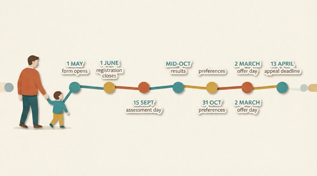 Timeline of the Wirral 11 plus admissions year from the assessment request form in May through to the April appeal deadline