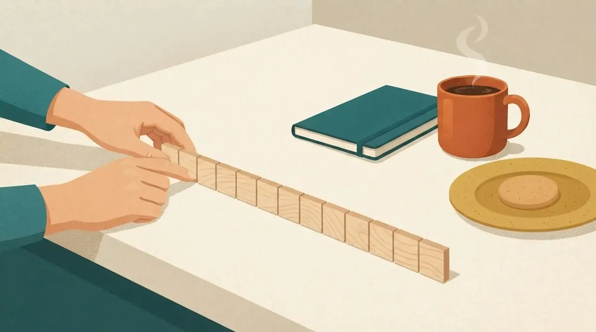 Illustration of a child's hands lining up blank wooden tiles on a kitchen table beside a notebook and a mug of tea